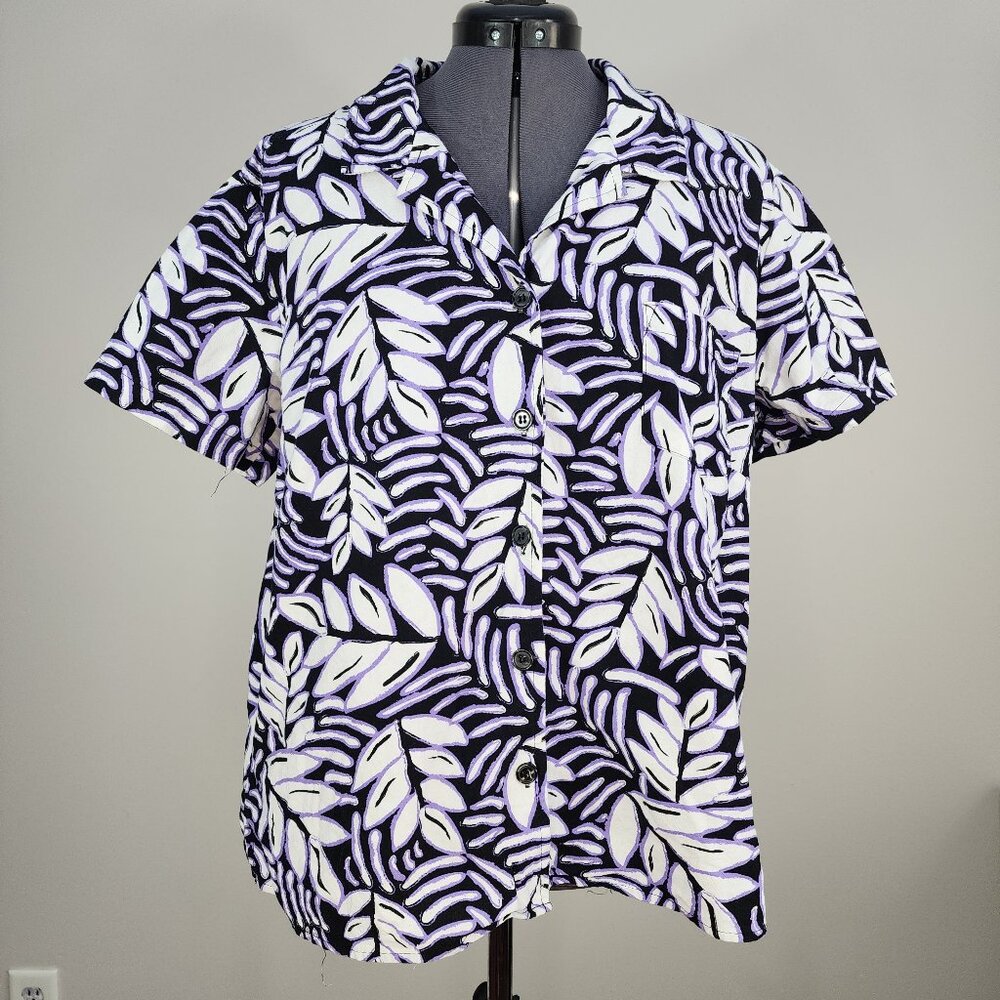 White Stag: Purple Leaf Print, Short Sleeve Button-Up Blouse